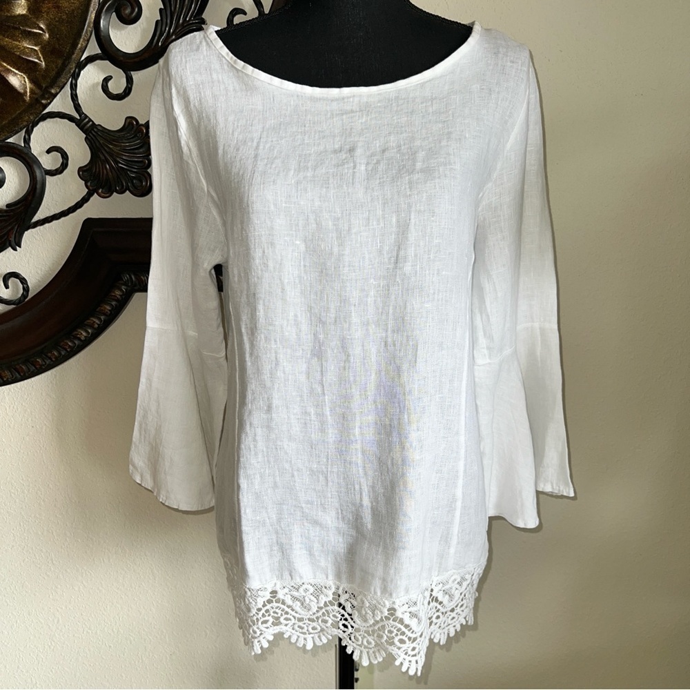 Lungo L'Arno Women’s 100% Linen Elegant White Lace Trim Bell Sleeves Top Tunic L